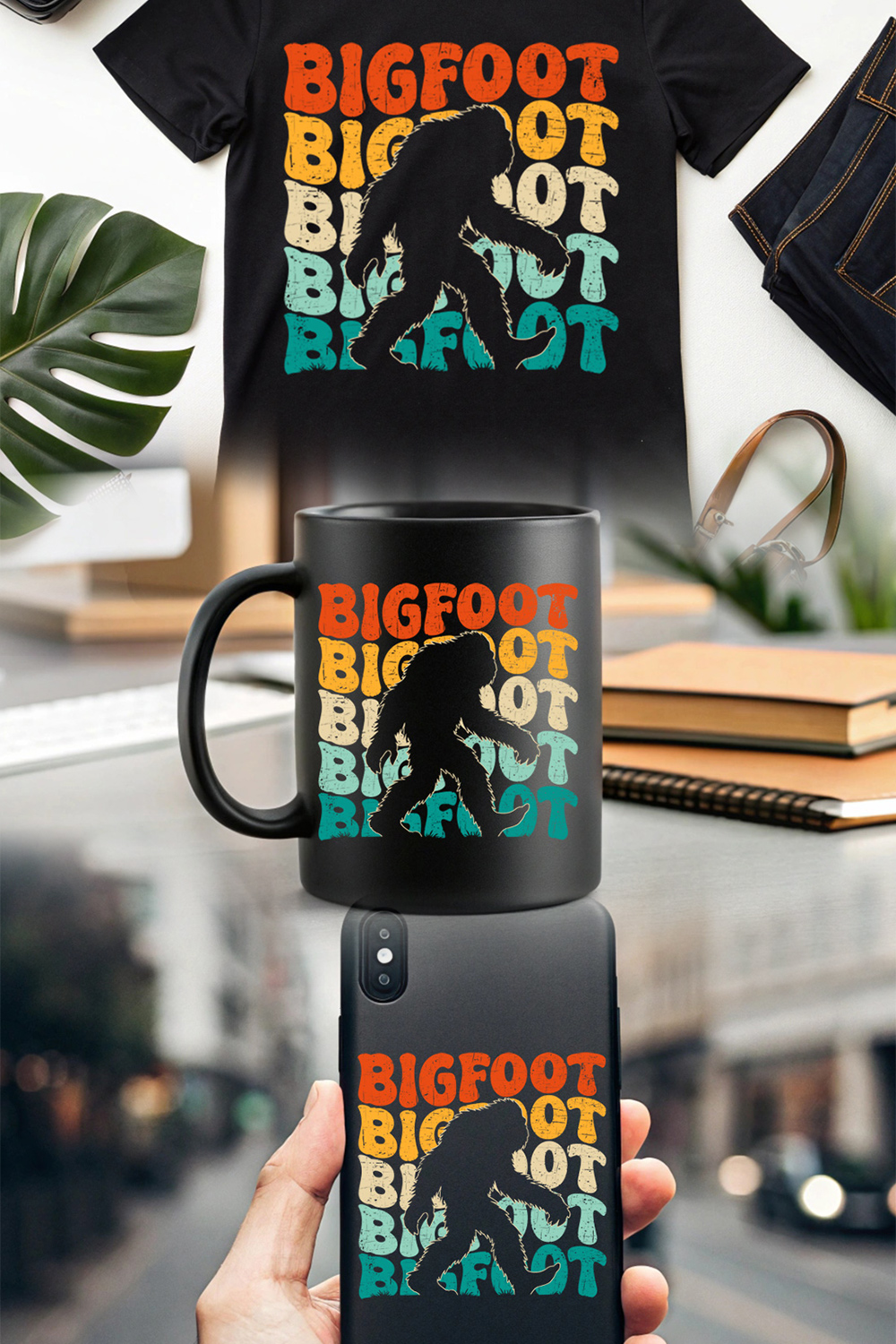 retro bigfoot t-shirt design with vintage typography for outdoor and adventure lovers pinterest preview image.