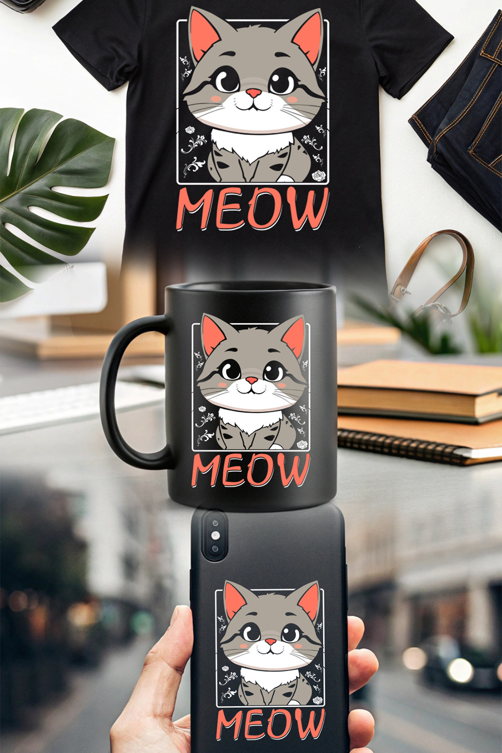 Cute cartoon cat illustration with floral background and Meow text for trendy t-shirt and merchandise design pinterest preview image.