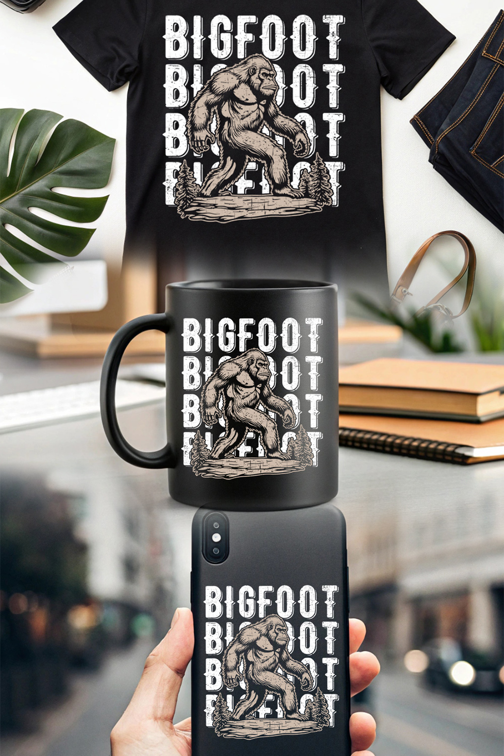 vintage bigfoot t-shirt design with distressed text and forest background pinterest preview image.