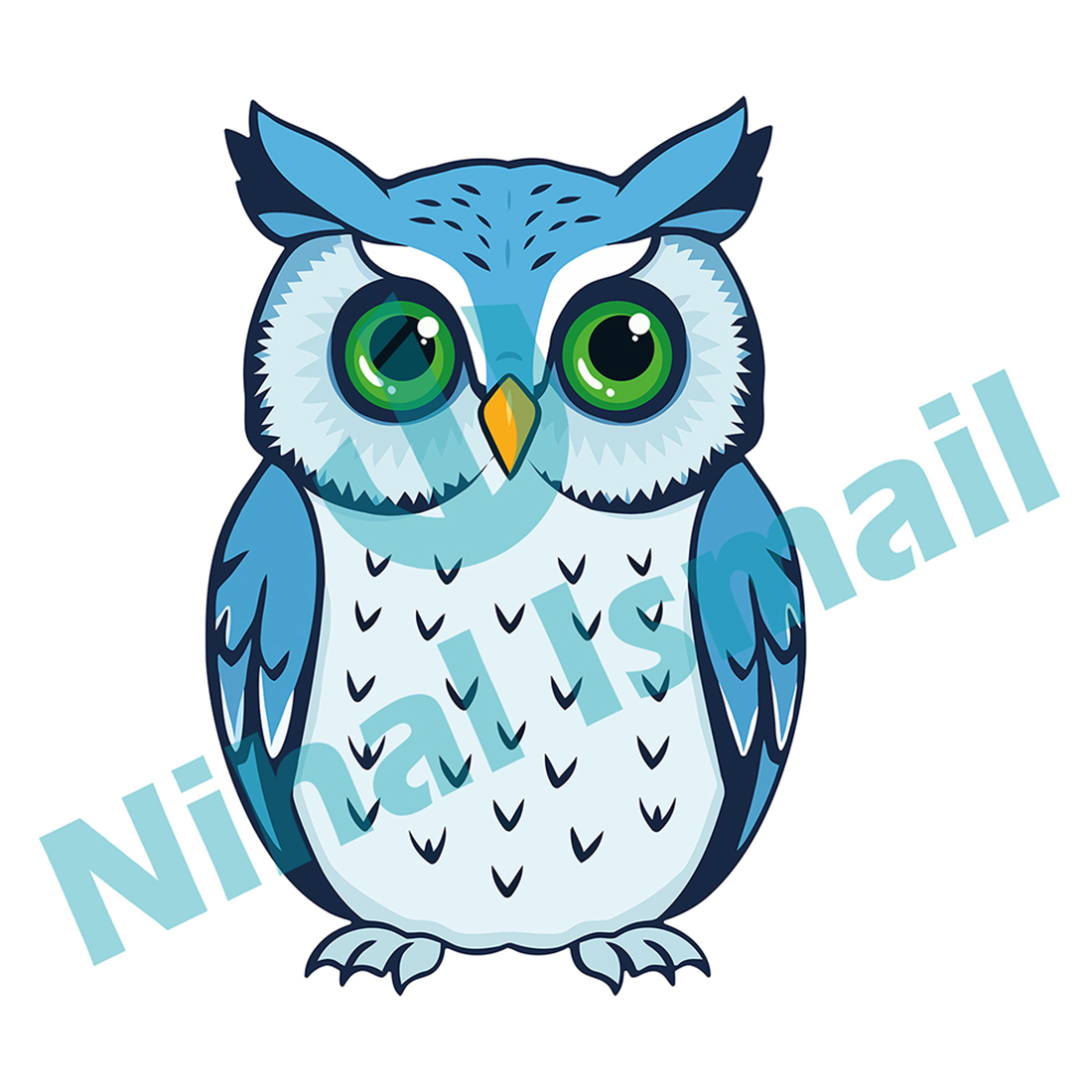 Charming Blue Owl with Green Eyes Vector Design isolated on white background preview image.