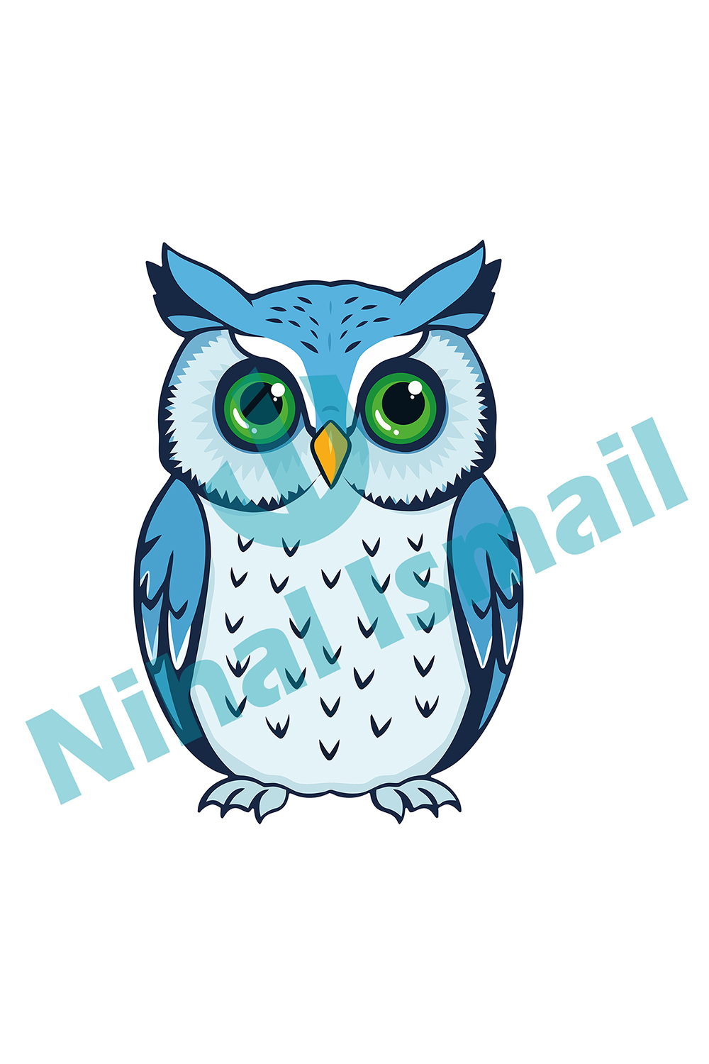 Charming Blue Owl with Green Eyes Vector Design isolated on white background pinterest preview image.