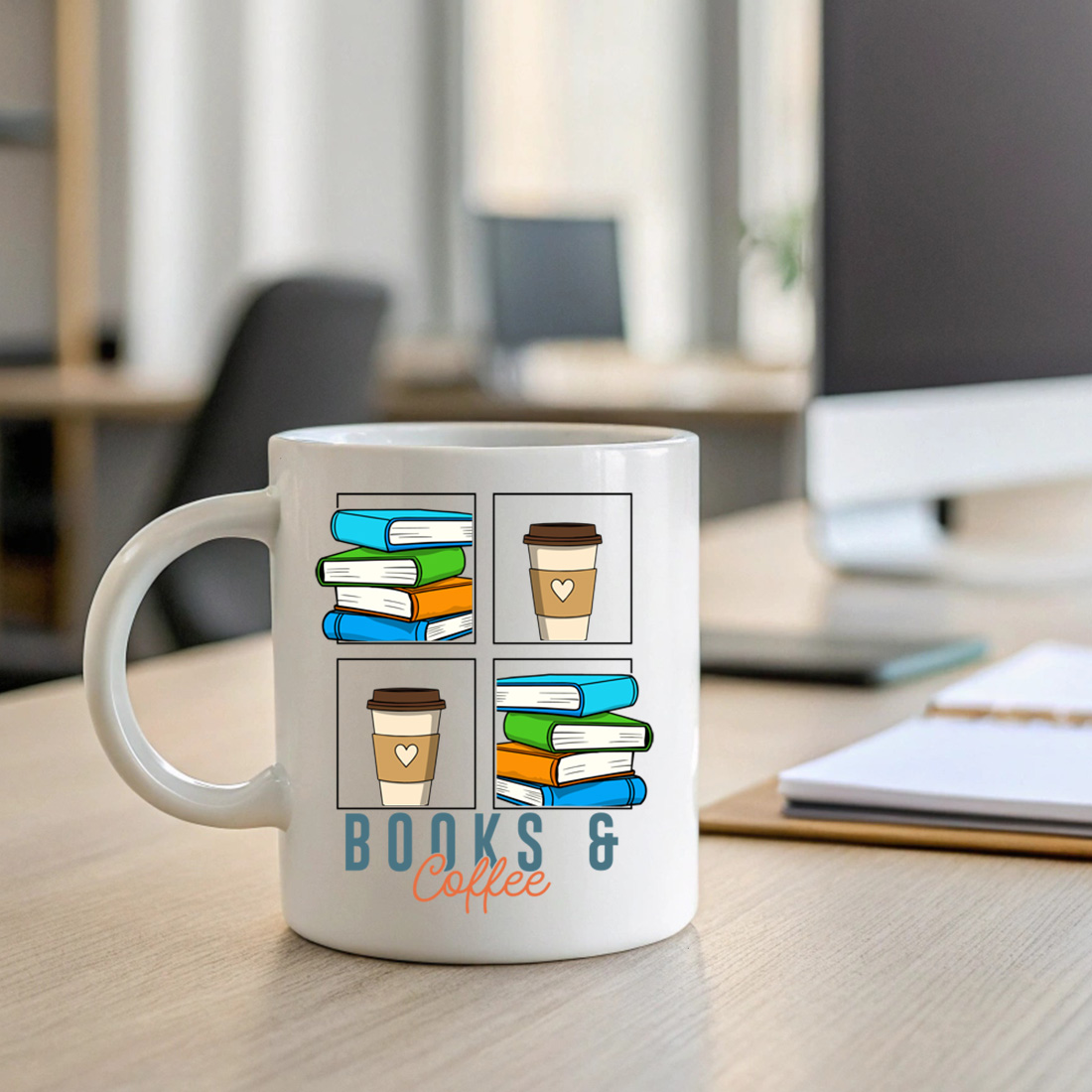 books and coffee aesthetic – cozy reading and caffeine lover illustration 2 with mug mock up 78