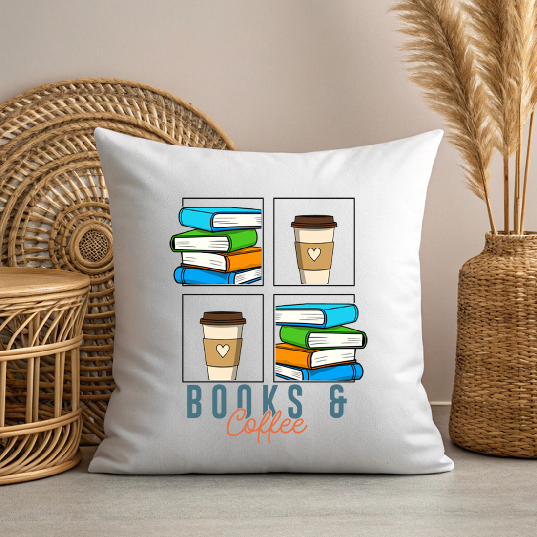 books and coffee aesthetic – cozy reading and caffeine lover illustration 3 with pillow mock up 996