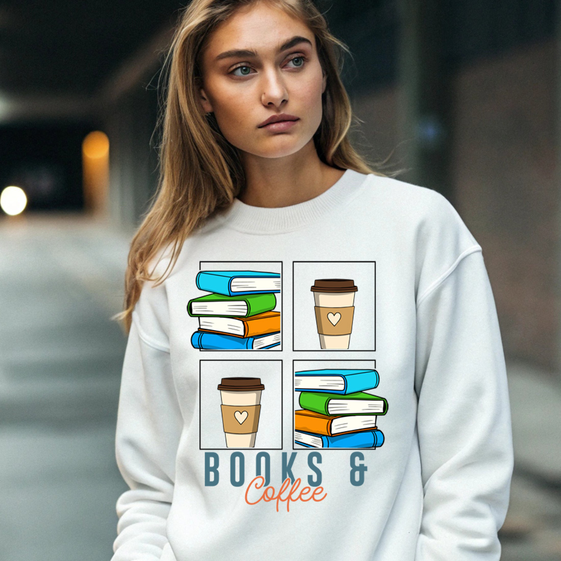 books and coffee aesthetic – cozy reading and caffeine lover illustration 4 with female sweatshirt mock up 596