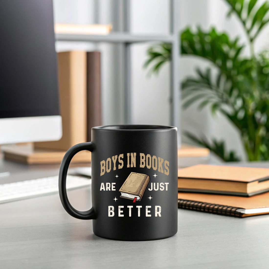 boys in books are just better vintage book lover t shirt design 2 black mug mock up 142