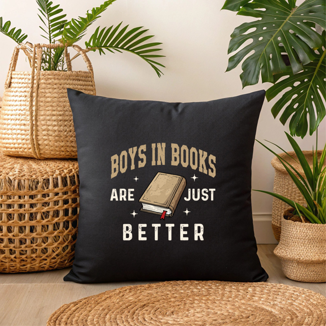 boys in books are just better vintage book lover t shirt design 3 black pillow mock up 696