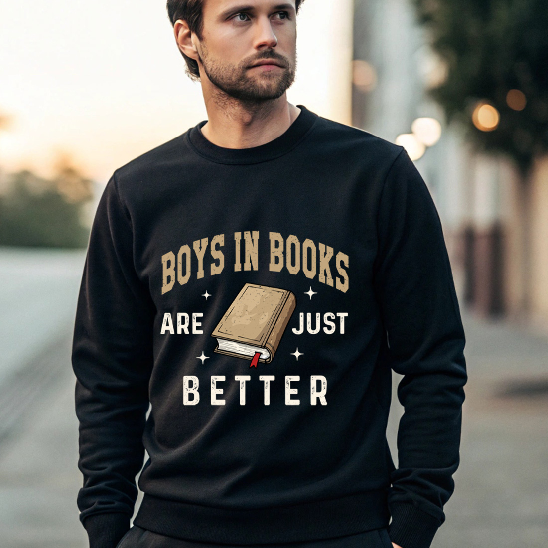 boys in books are just better vintage book lover t shirt design 4 black male sweatshirt mock up 813