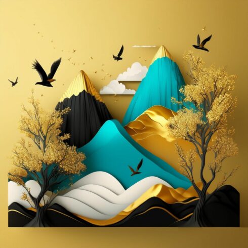 3D Landscape Illustration: Brown Trees with Golden Flowers and Turquoise Mountains cover image.