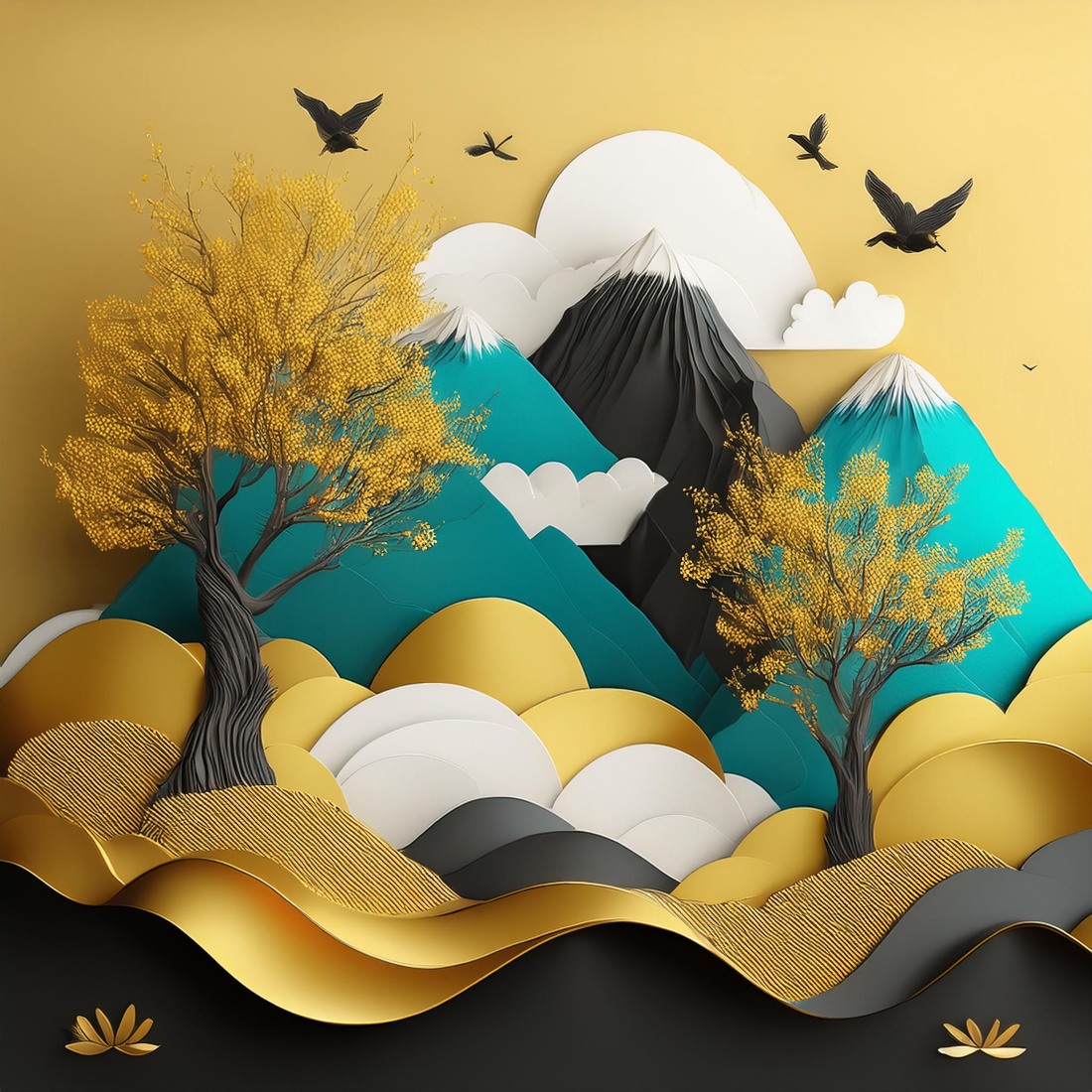 3D Landscape Illustration: Brown Trees with Golden Flowers and Turquoise Mountains preview image.