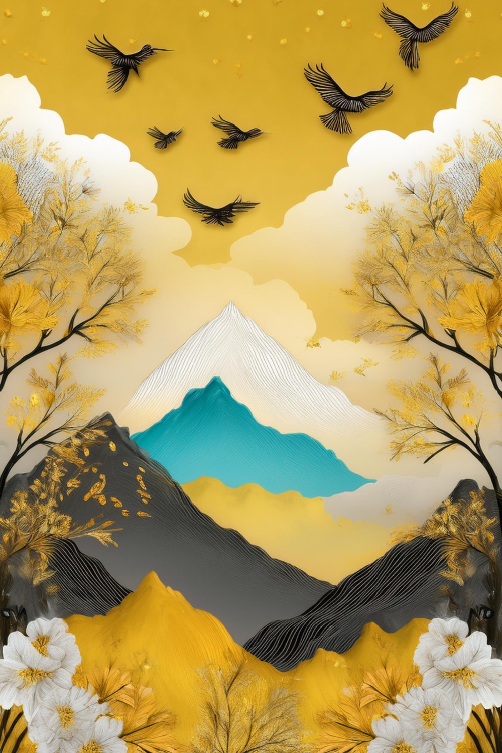 3D Landscape Illustration: Brown Trees with Golden Flowers and Turquoise Mountains pinterest preview image.