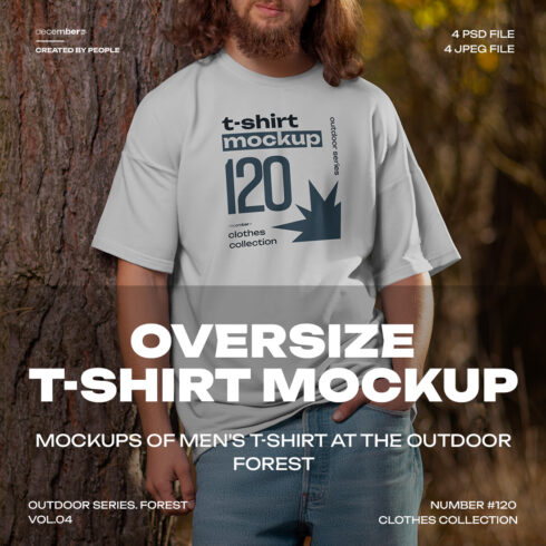 4 Mockups of Men's Oversize T-Shirt at the Outdoor Forest vol04 cover image.