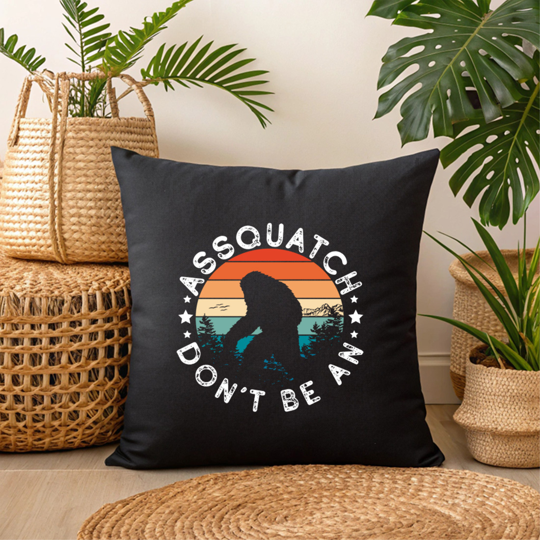 cool outdoors adventure bigfoot design for apparel merchandise 3 black pillow mock up 592