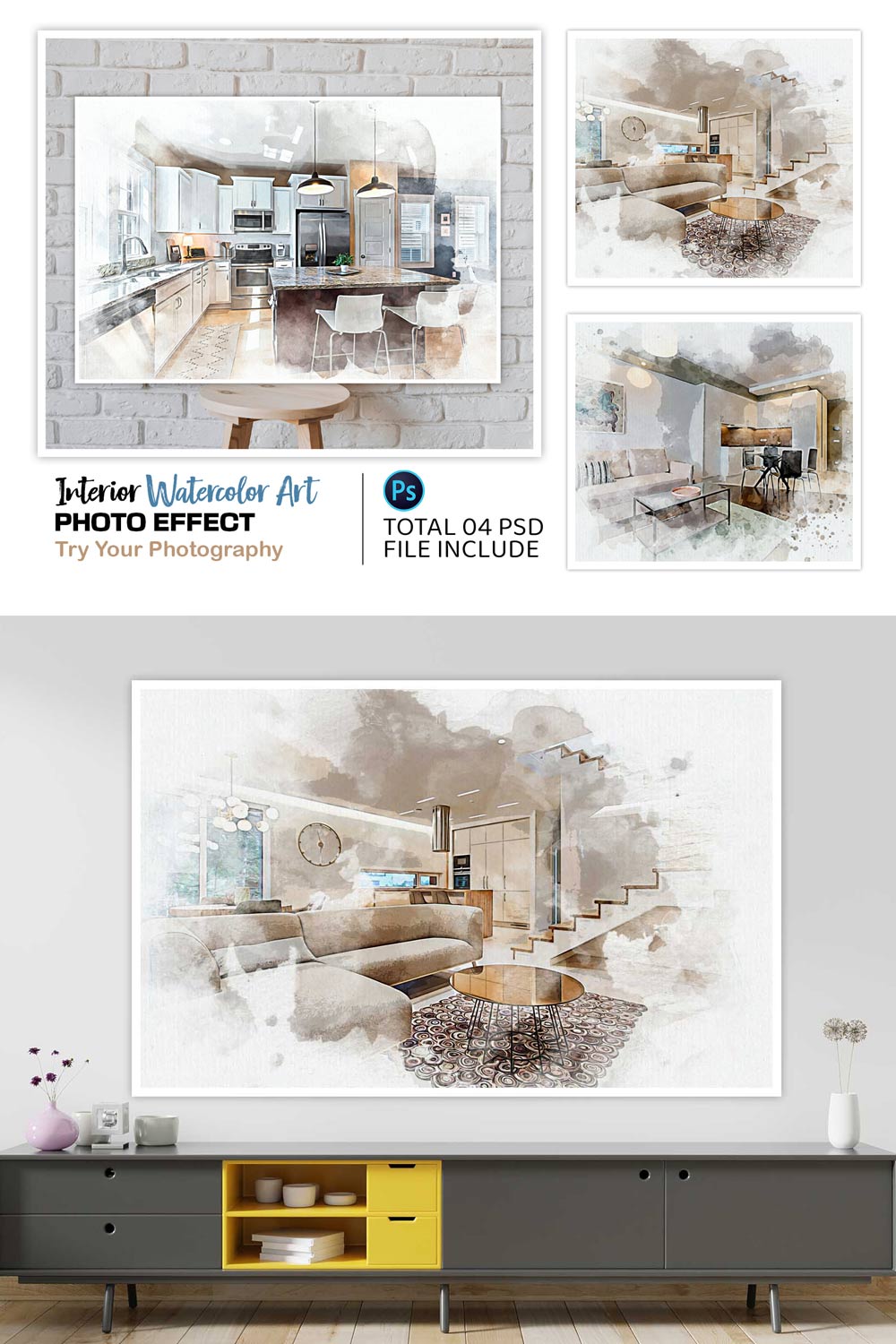 Interior Watercolor Art Photo Effect pinterest preview image.