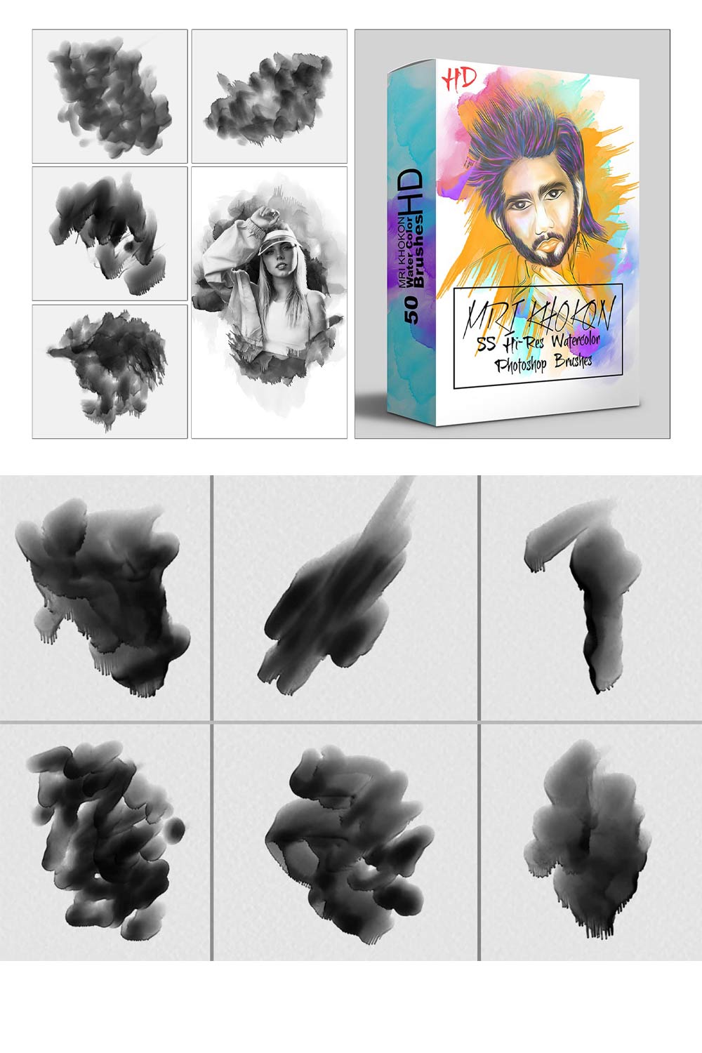 50 Hi-Res Watercolor Photoshop Brush pinterest preview image.