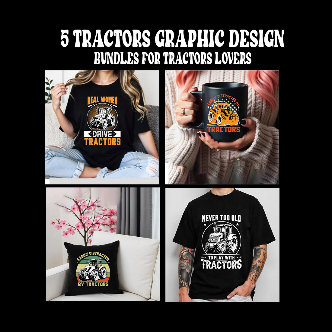 5 Tractors graphic design bundles for tractors lovers preview image.