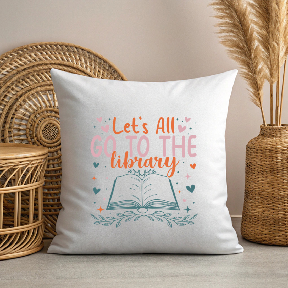 cute book lover t shirt design with typography lets all go to the library and open book illustration 3 with pillow mock up 21