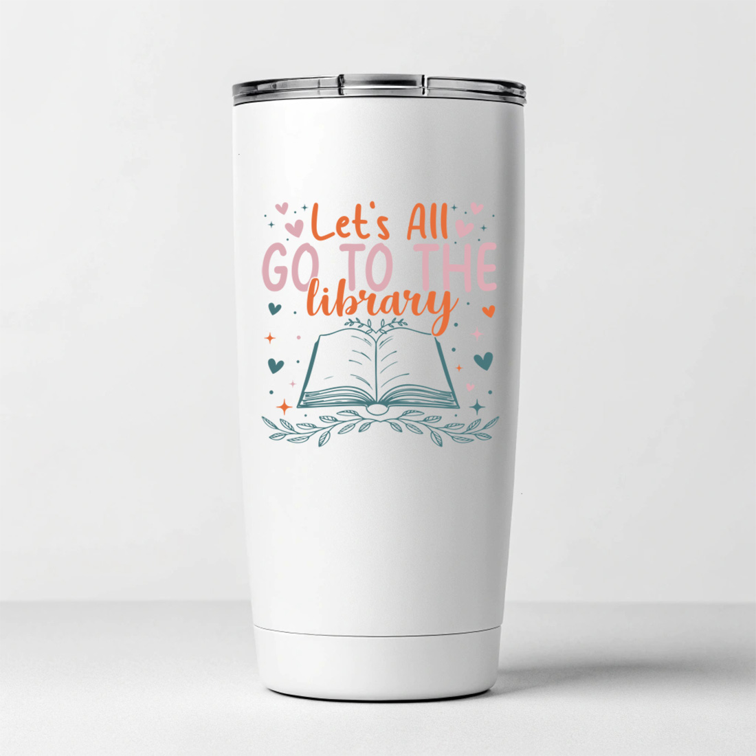 cute book lover t shirt design with typography lets all go to the library and open book illustration 7 white tumblers mockup 995