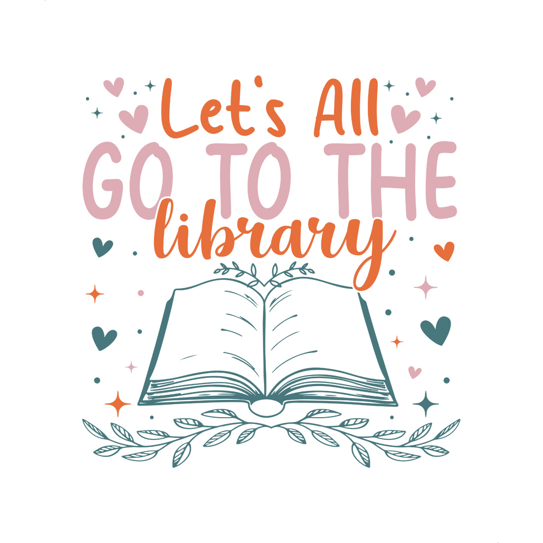 cute book lover t-shirt design with typography 'let's all go to the library' and open book illustration preview image.