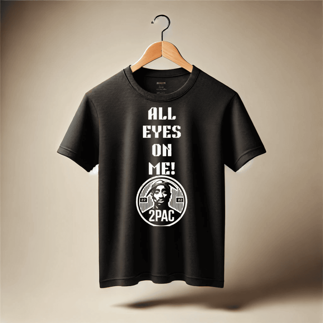 dall·e 2025 02 14 10.22.17 a plain black t shirt mockup displayed on a wooden hanger against a neutral background. the t shirt is well lit showing realistic fabric texture and 1 9