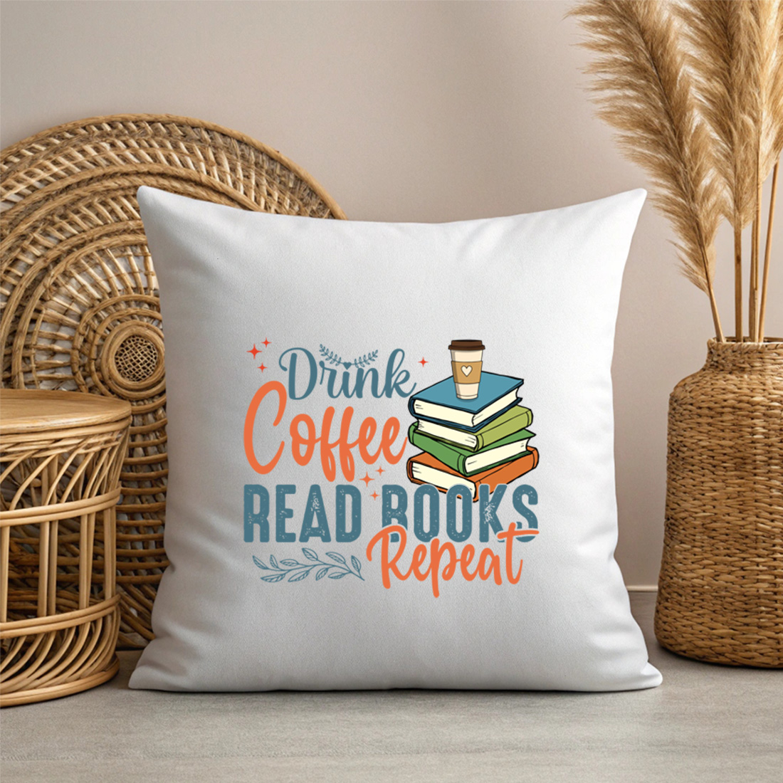 drink coffee read books repeat book lover t shirt design with vintage typography 3 with pillow mock up 252