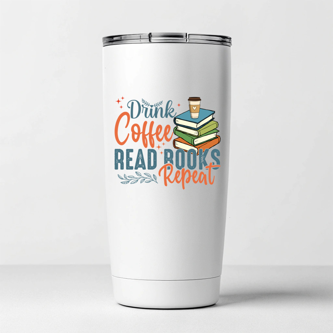 drink coffee read books repeat book lover t shirt design with vintage typography 7 white tumblers mockup 962