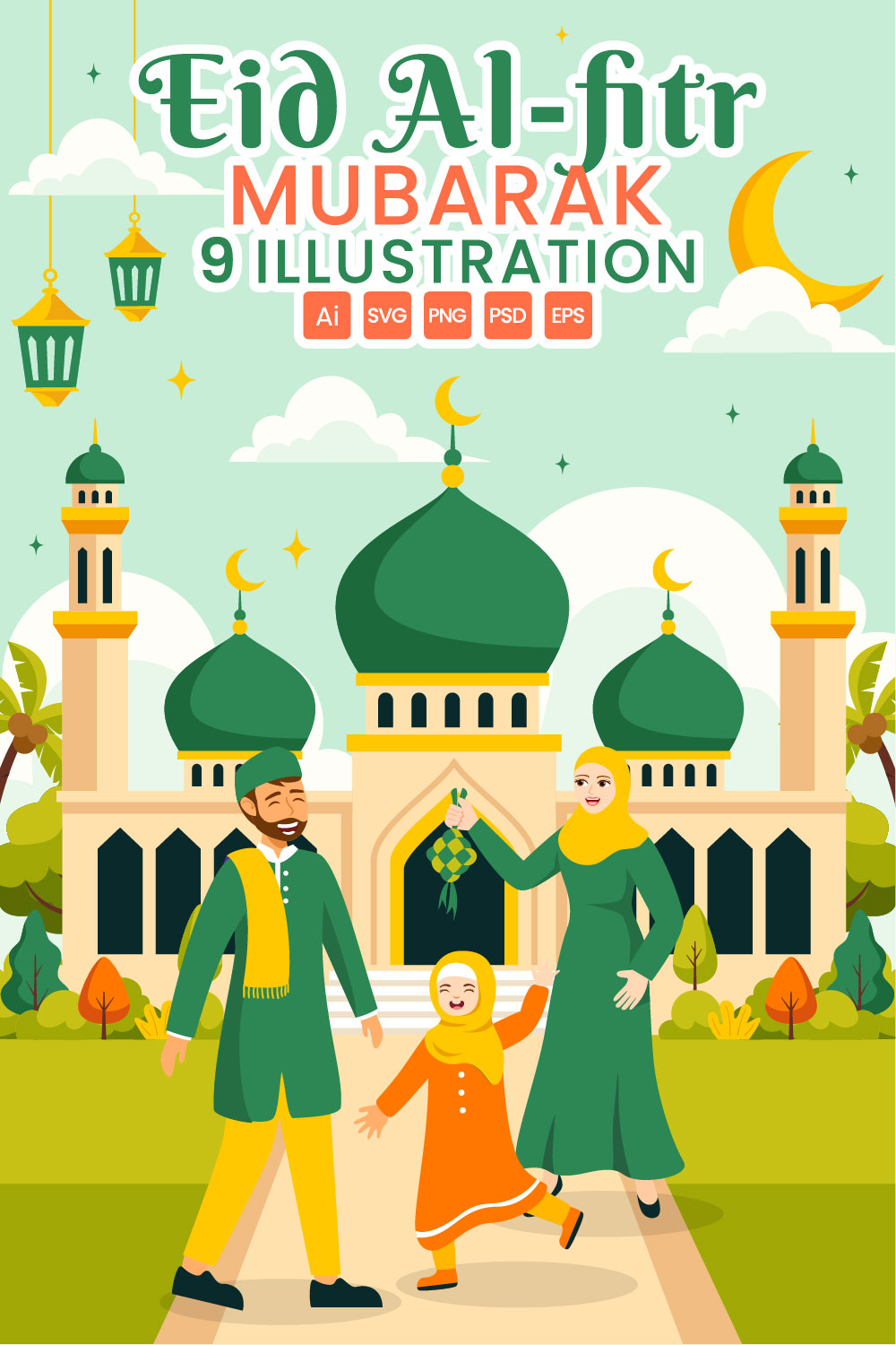 9 Happy Eid Al-Fitr Mubarak Illustration pinterest preview image.