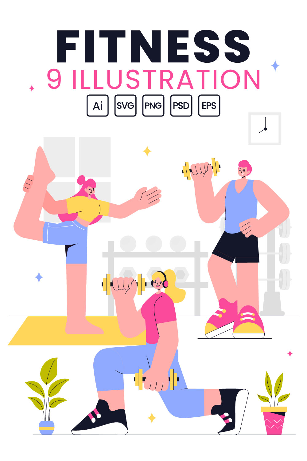 9 Fitness and Gym Illustration pinterest preview image.