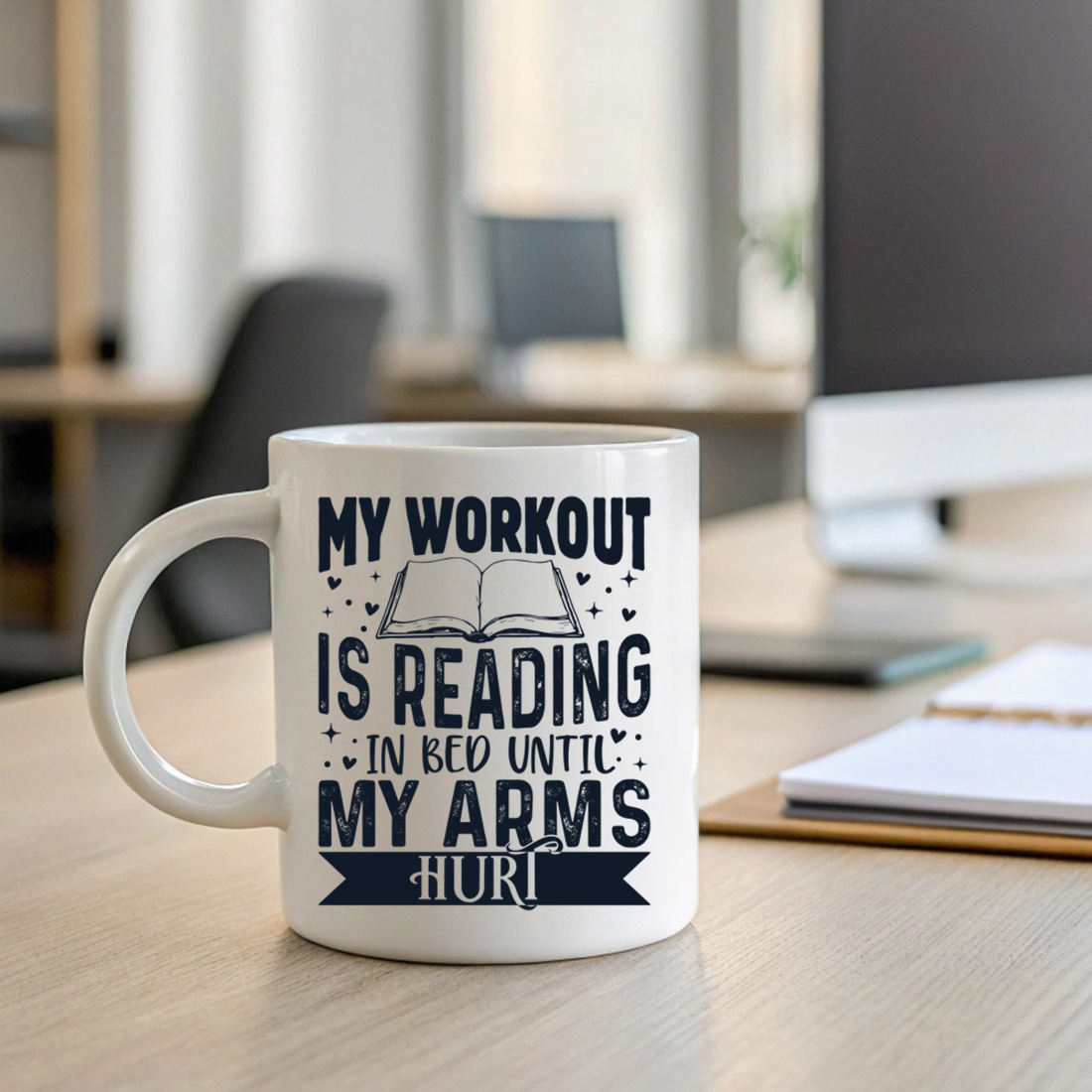 funny reading quote – my workout is reading in bed book lover t shirt design 2 with mug mock up 494