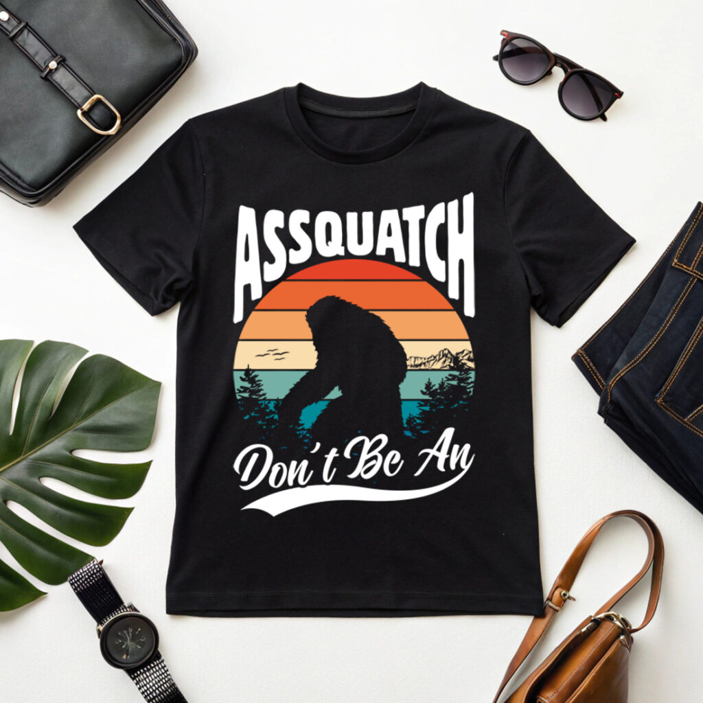 Funny retro bigfoot silhouette t shirt design with vintage sunset ...