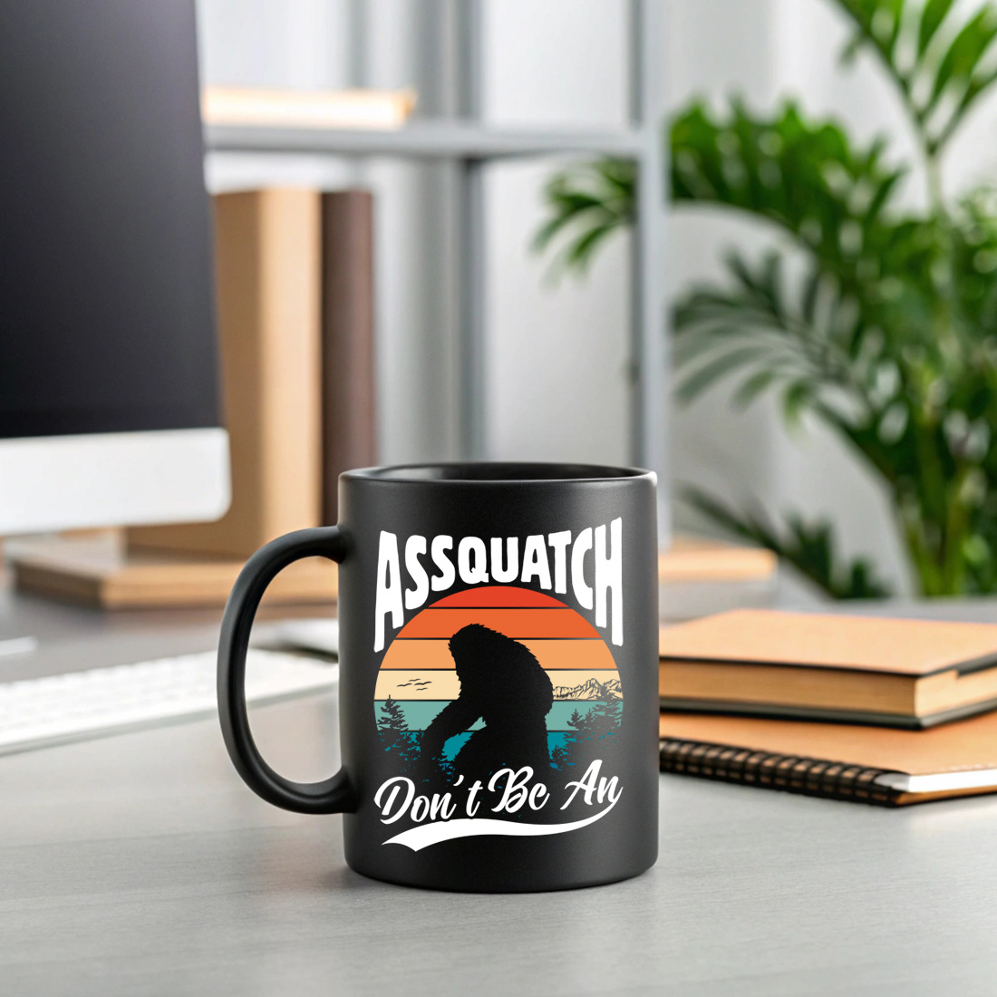 funny retro bigfoot silhouette t shirt design with vintage sunset background 2 black mug mock up 106