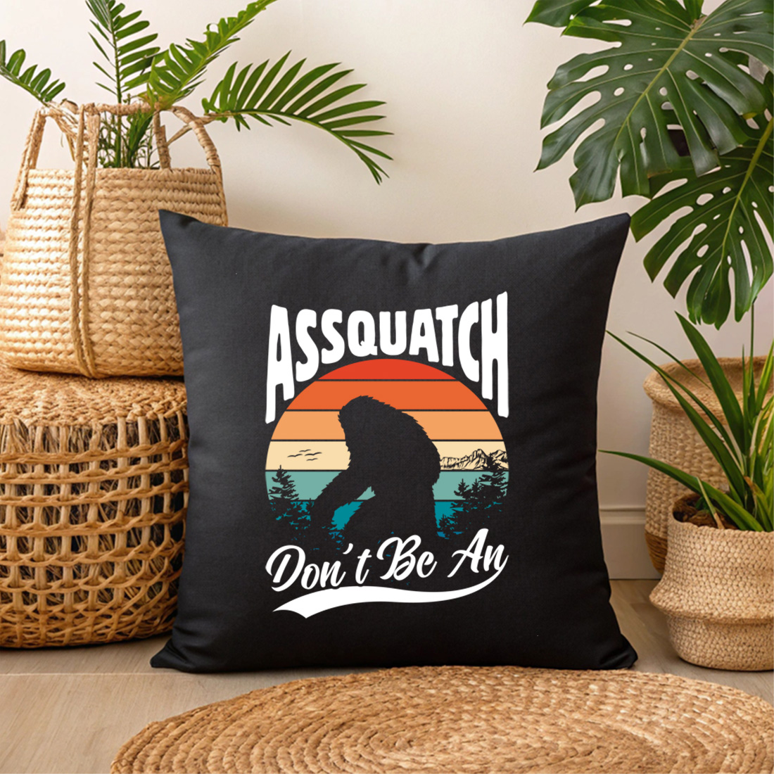 funny retro bigfoot silhouette t shirt design with vintage sunset background 3 black pillow mock up 785