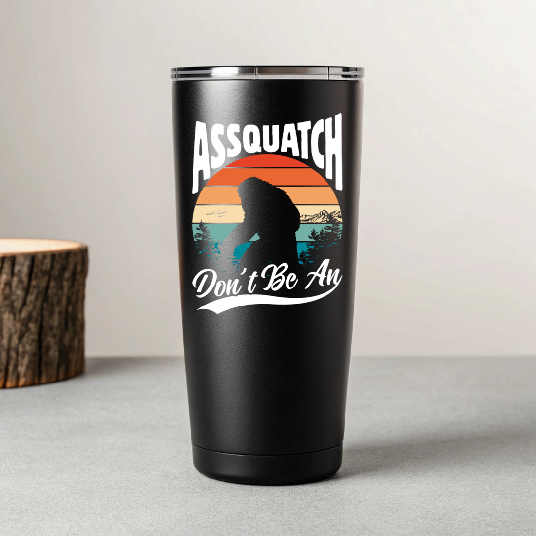 funny retro bigfoot silhouette t shirt design with vintage sunset background 7 black tumblers mockup 535