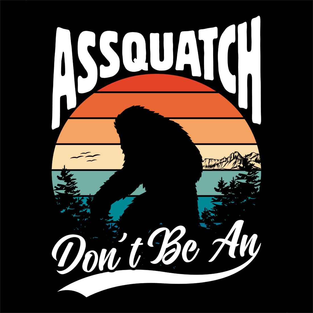 Funny retro bigfoot silhouette t shirt design with vintage sunset background preview image.