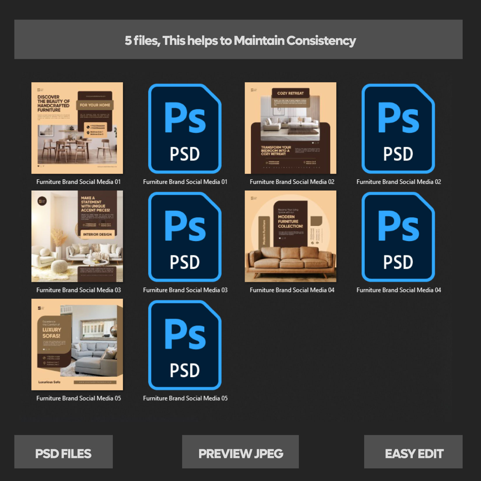 Furniture Brand Social Media Post Design [5 PSD] - ONLY $10 preview image.