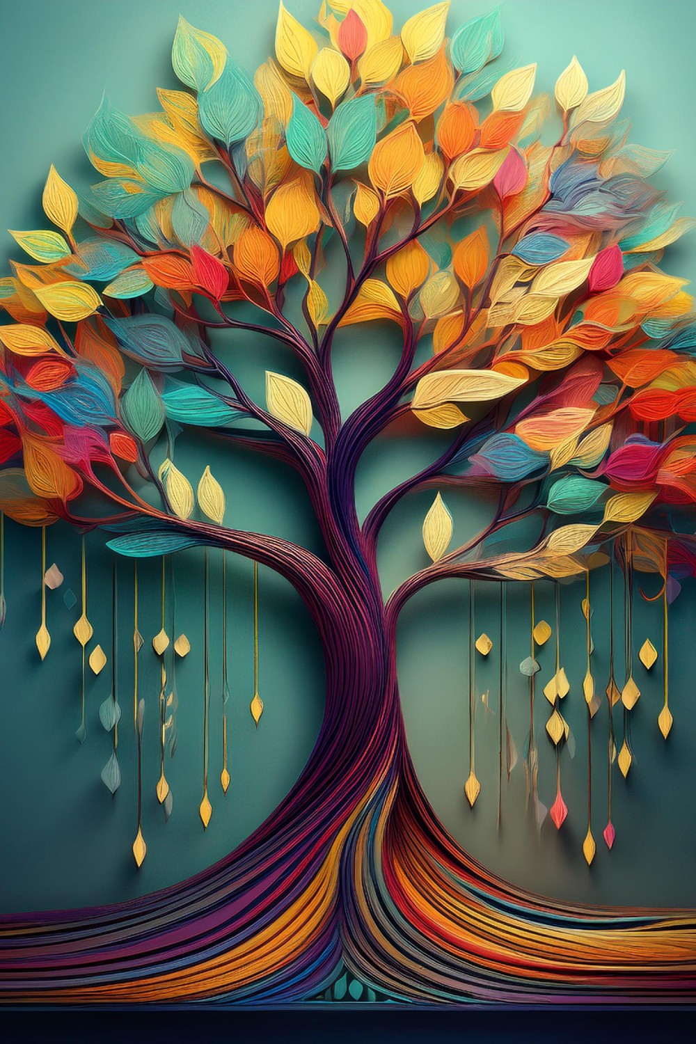 Majestic Tree of Elegance II: Vibrant Multicolored Leaves & Gracefully Flowing Branches pinterest preview image.