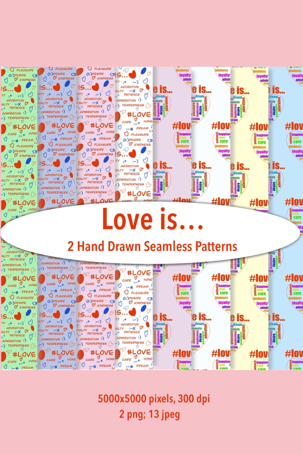 Love is… Hand Drawn Seamless Patterns pinterest preview image.