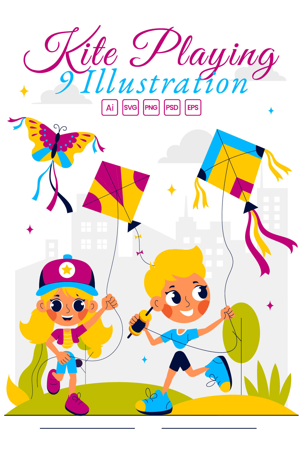 9 Joyful Kite Flying Activity Illustration pinterest preview image.