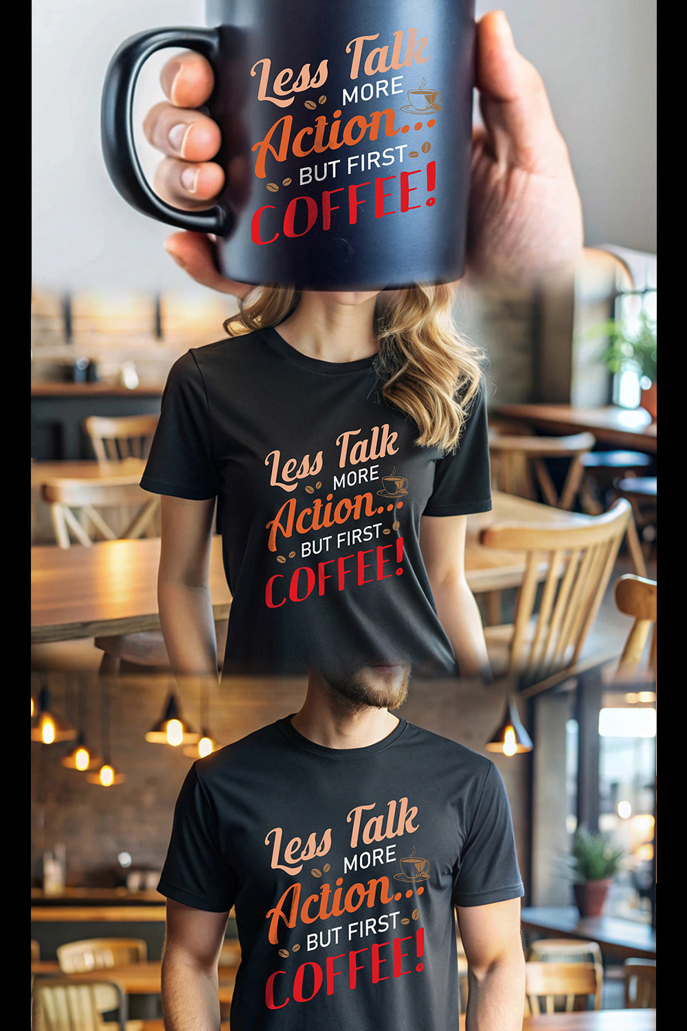 Less Talk More Action But First Cofee! pinterest preview image.