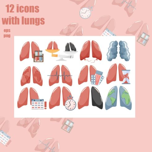 Set of 12 Lungs Icons – Healthy & Unhealthy, Planet Lungs, Cigarette Lungs cover image.