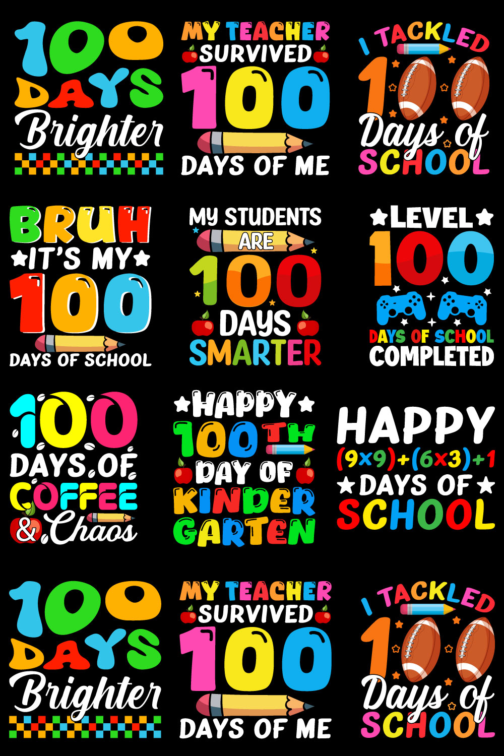 12th 100 Days of School T Shirt Design Bundle Vol-1 pinterest preview image.