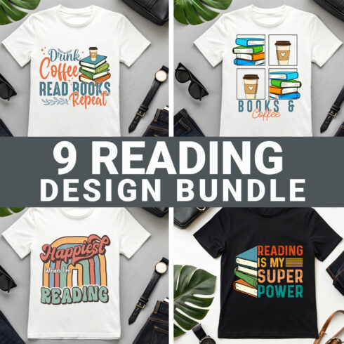 9 reading t shirt design bundle retro vintage cover image.