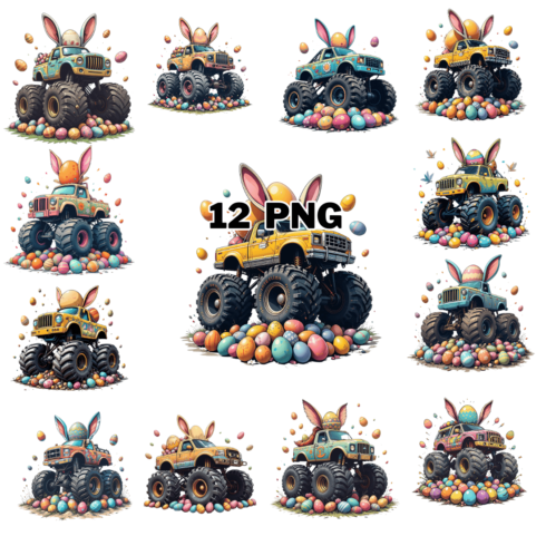 Watercolor  Monster Truck with Bunny Ear and Eggs Sublimation Clipart Bundle cover image.