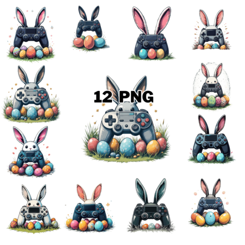 Watercolor Bunny Gamer with Eggs Sublimation Clipart Bundle cover image.