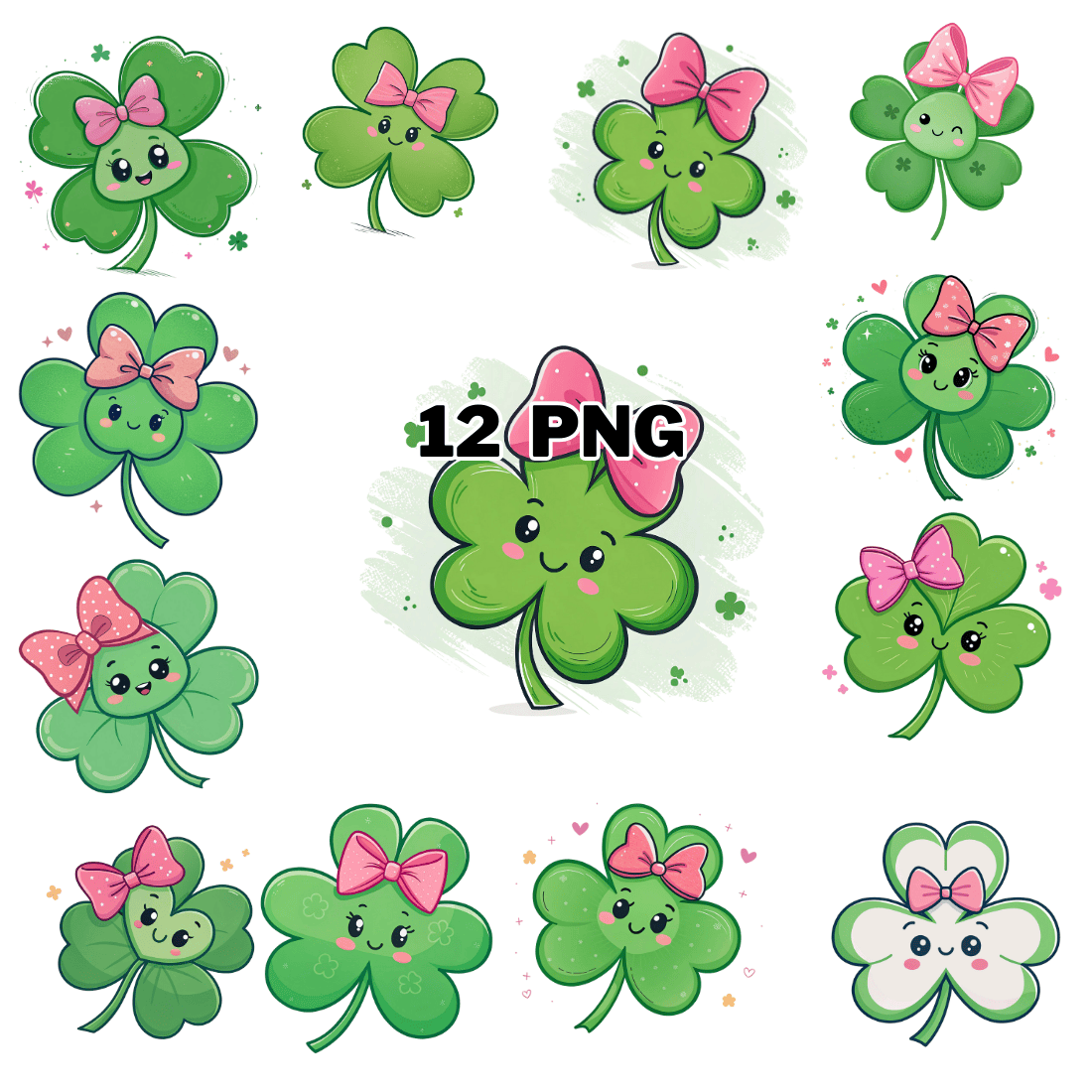 Watercolor Cute Shamrock With Bow Sublimation Clipart Bundle cover image.