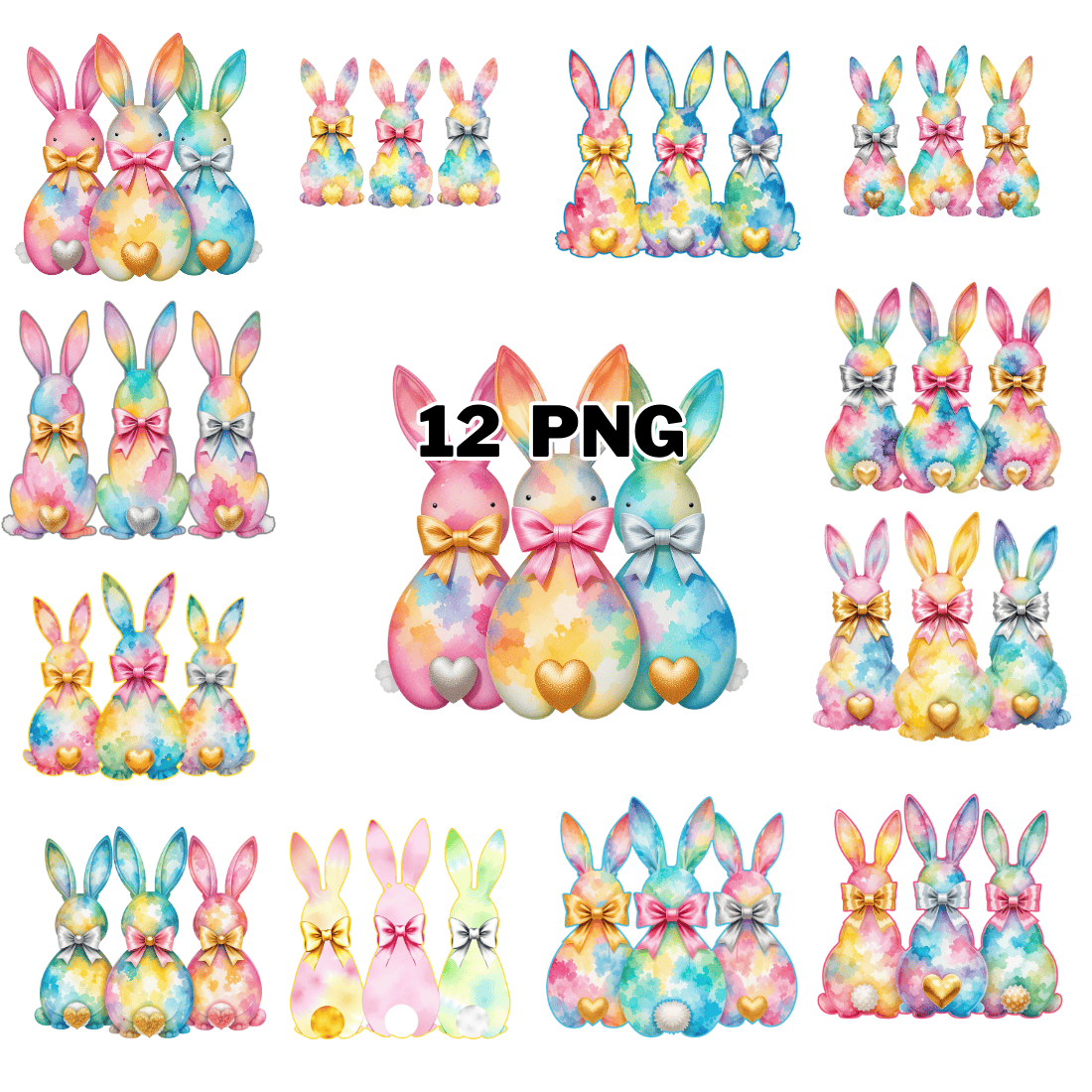 Watercolor Bunnies with Bows Sublimation Clipart Bundle cover image.