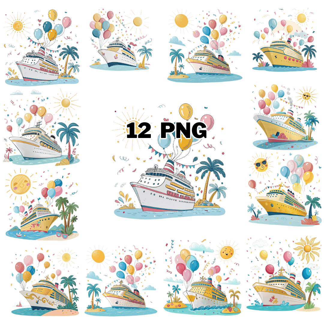 Watercolor Festive Cruise Ship with Balloons Sublimation Clipart Bundle cover image.