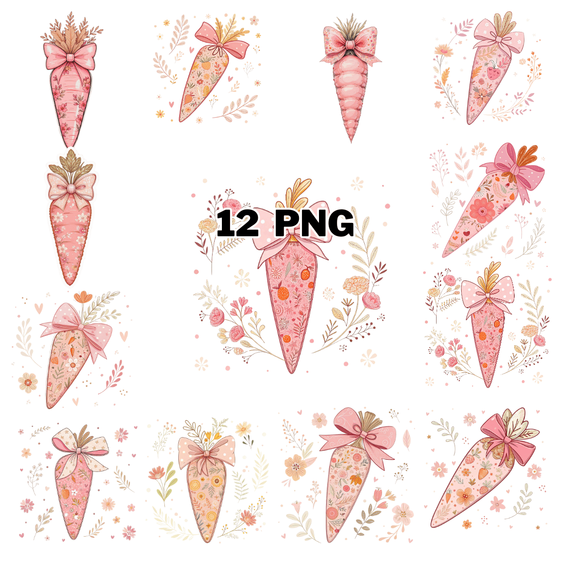 Watercolor Pink Carrot with Flowers Sublimation Clipart Bundle cover image.