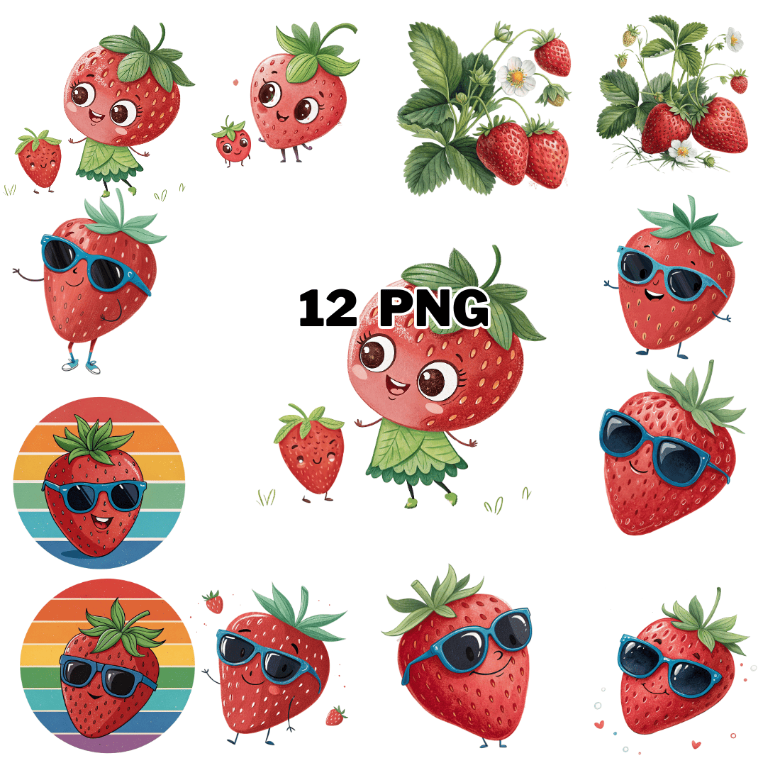 Watercolor Cute Strawberry Sublimation Clipart Bundle cover image.