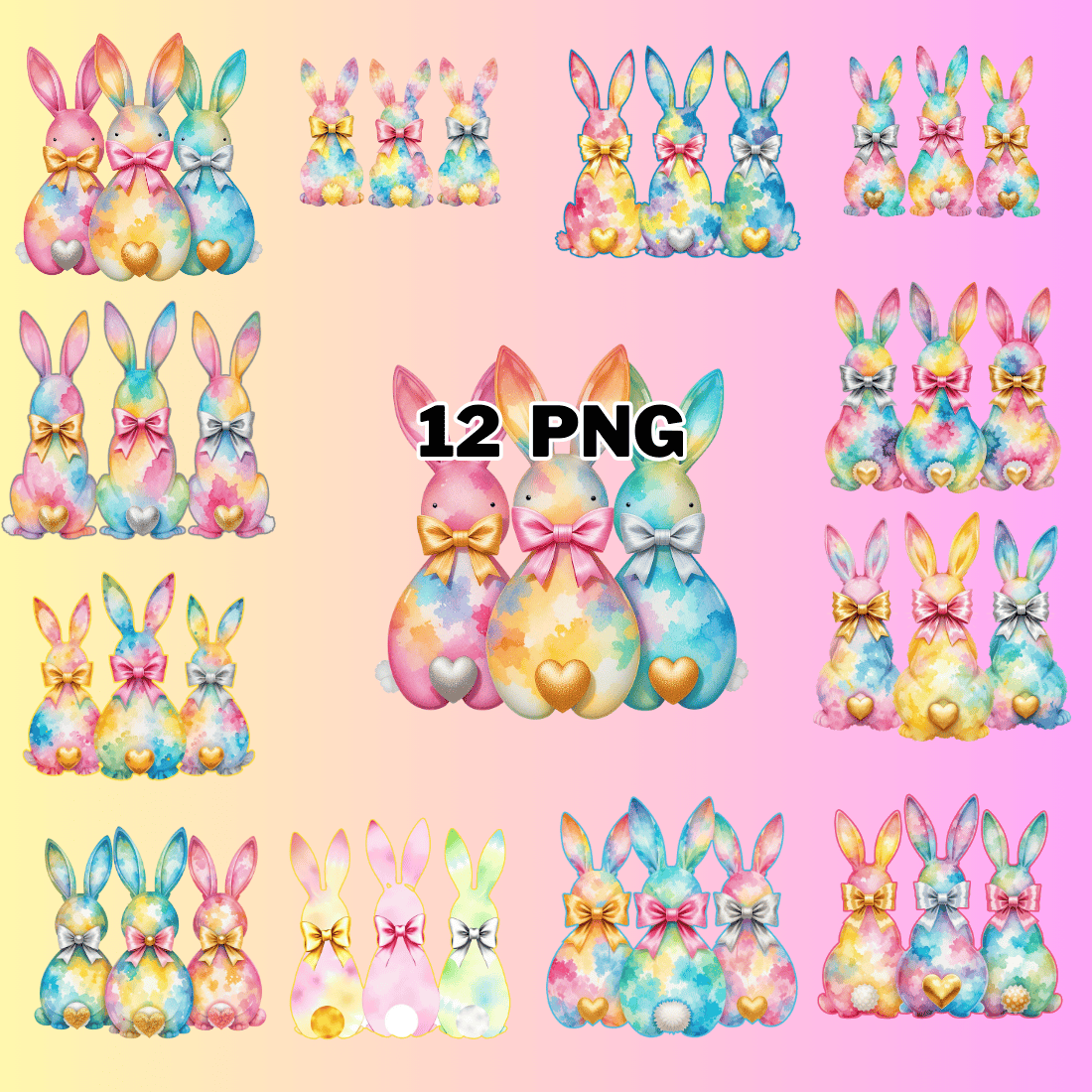 Watercolor Bunnies with Bows Sublimation Clipart Bundle preview image.