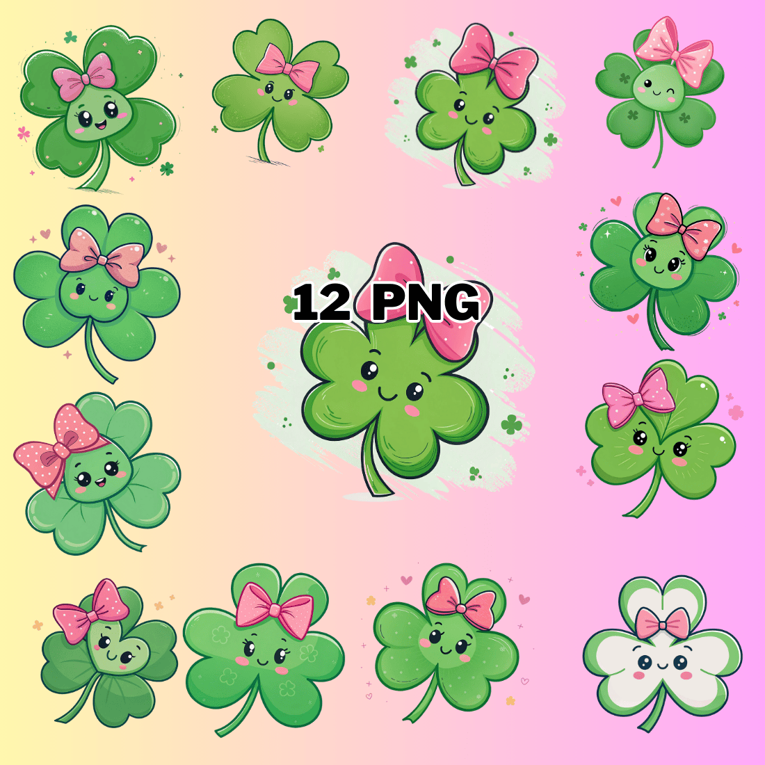 Watercolor Cute Shamrock With Bow Sublimation Clipart Bundle preview image.